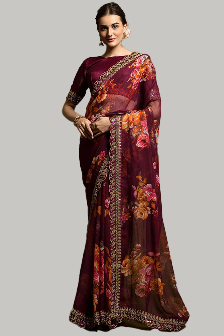 Red Floral Chiffon Designer Saree