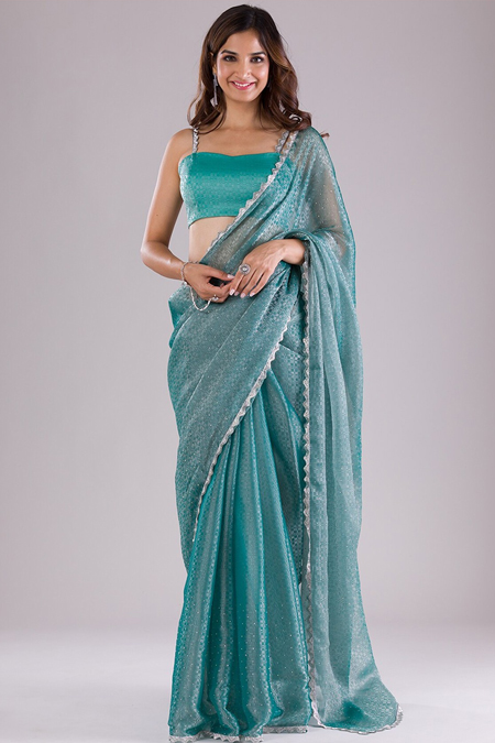 Sea Blue Stone Embellished Designer Saree