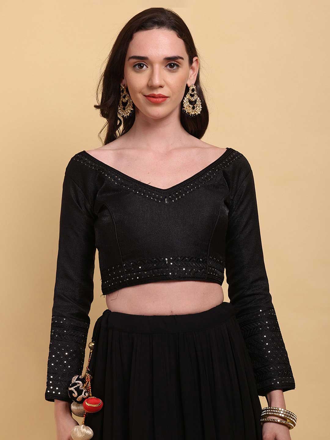 Black Sequin Embroidered Wide V Neck Full Sleeve Blouse Design