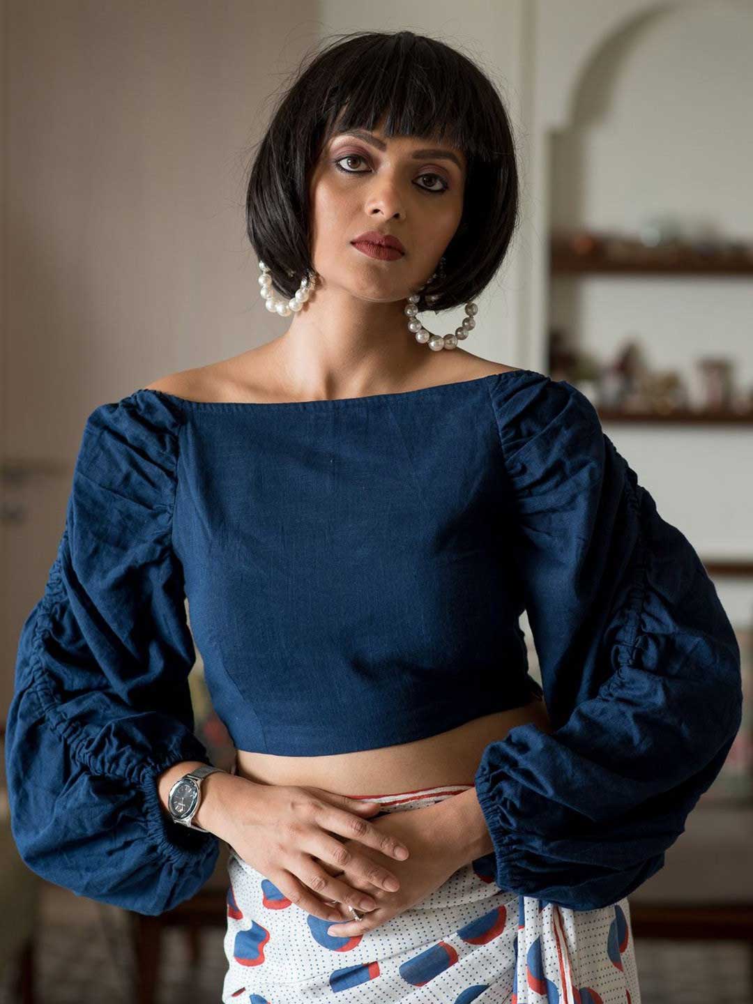 Blue Boat Neck Balloon Full Sleeve Blouse Design