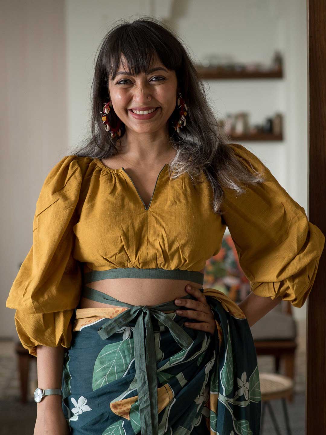 Pure Cotton Mustard Colour Puff Full Sleeve Blouse Design