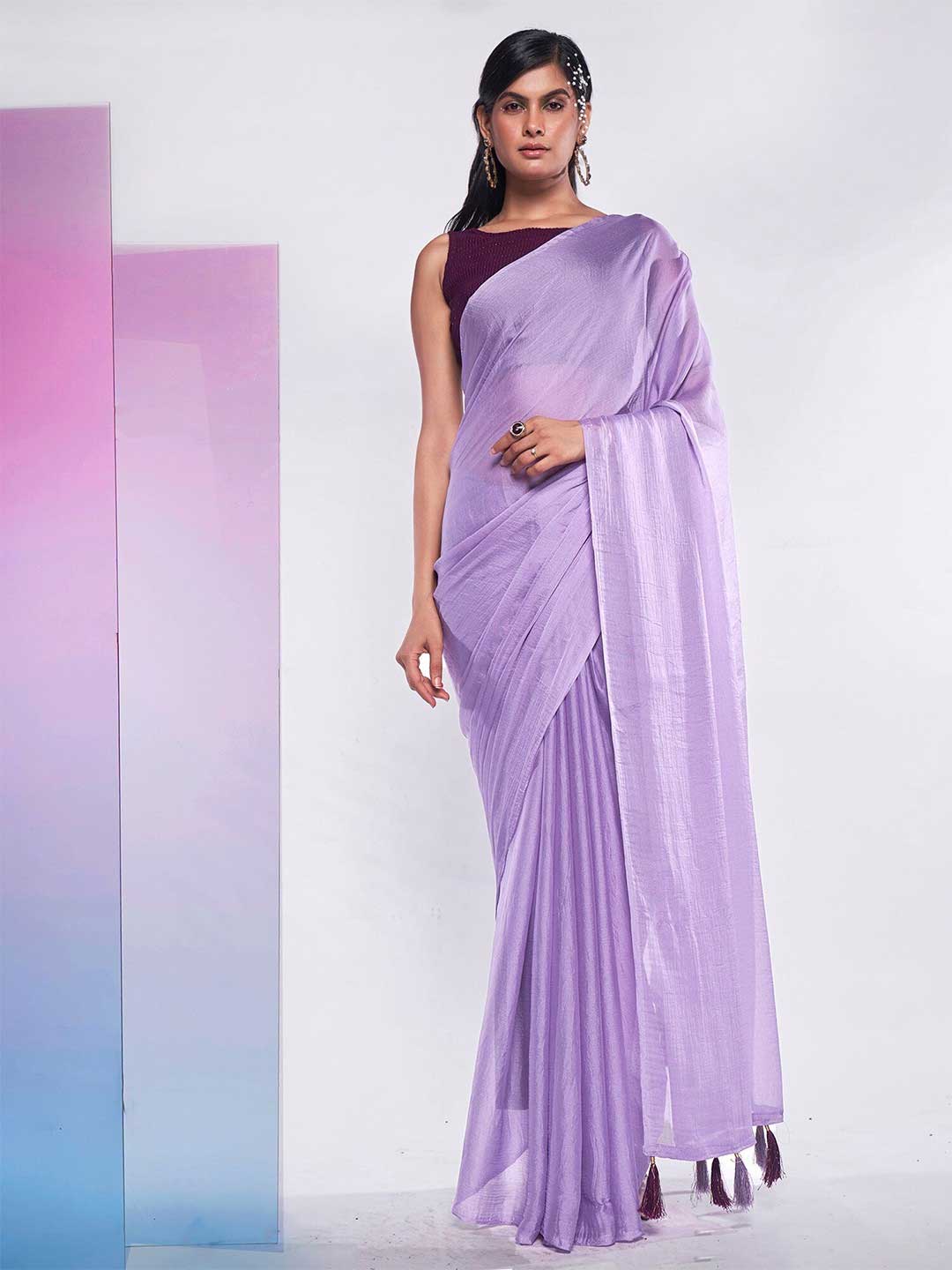 Boat Neck Dark Purple Contrast Blouse For Lavender Saree