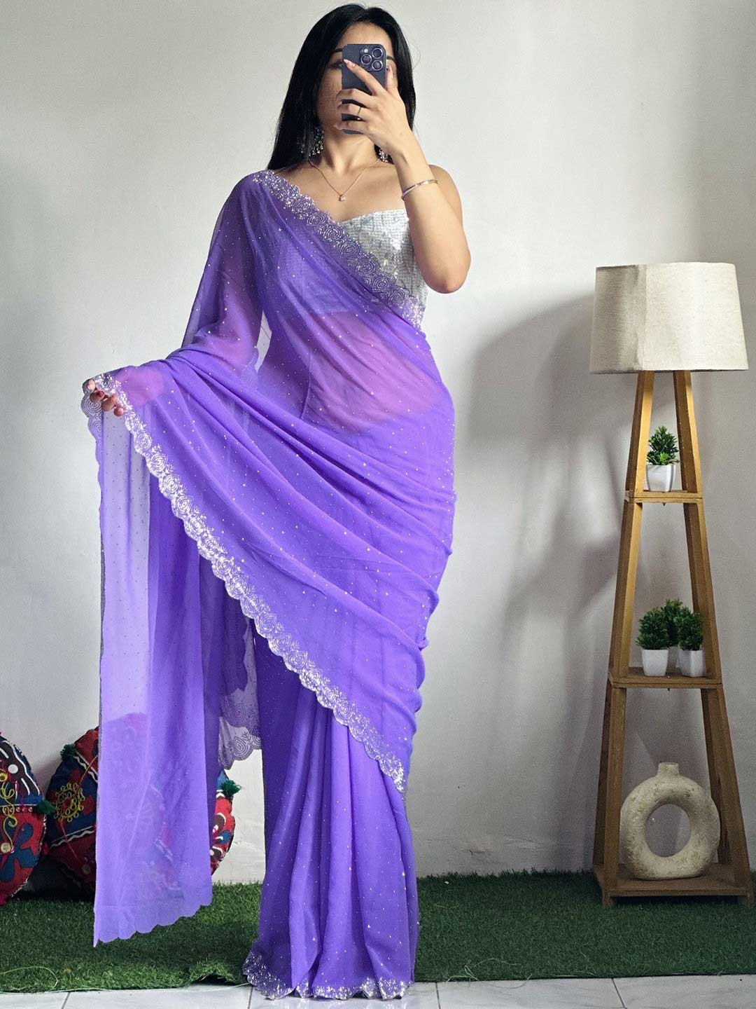 Silver Sequin Contrast Blouse For Lavender Saree