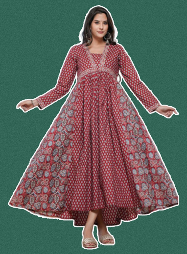 Floral Printed Square Neck Long Sleeves Empire Pure Cotton Anarkali Suit Design