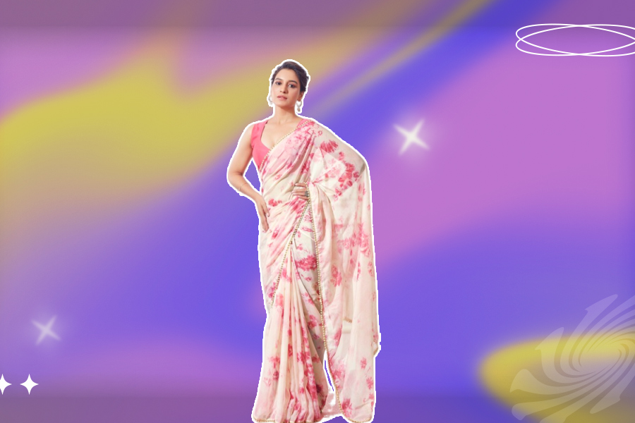 Cream And Pink Flowers Organza Multicolour Saree