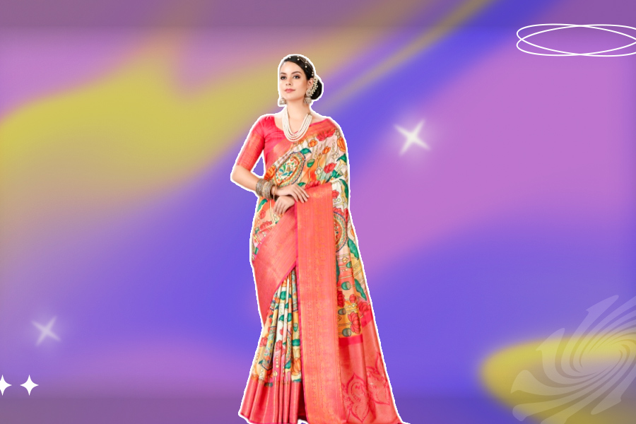 Off-White And Peach Ethnic Motif Printed Silk Multicoloured Saree