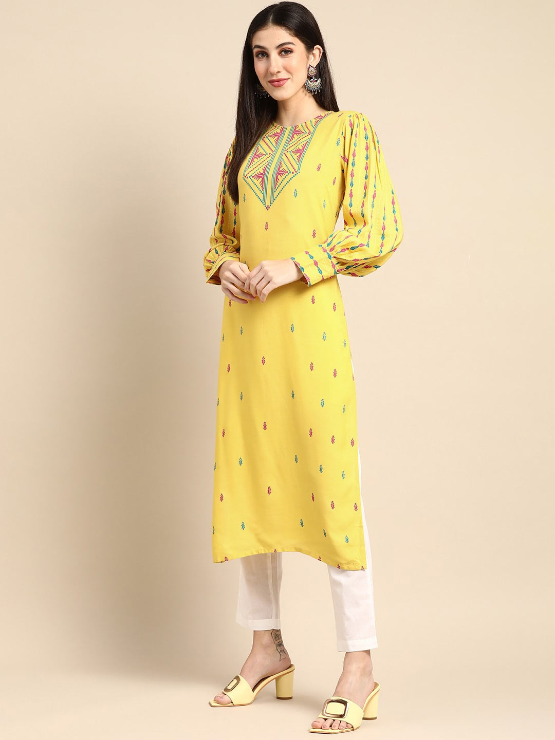 Puff Sleeves Multicolour Printed Punjabi Yellow Suit Design