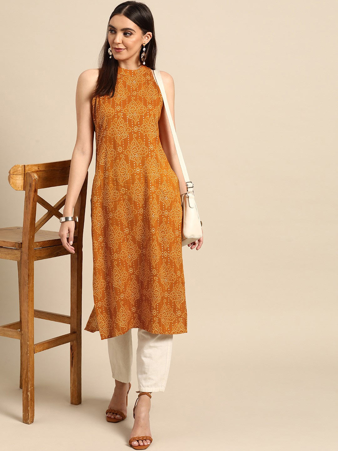 Sleeveless Round Neck Bandhani Printed Punjabi Yellow Suit Design
