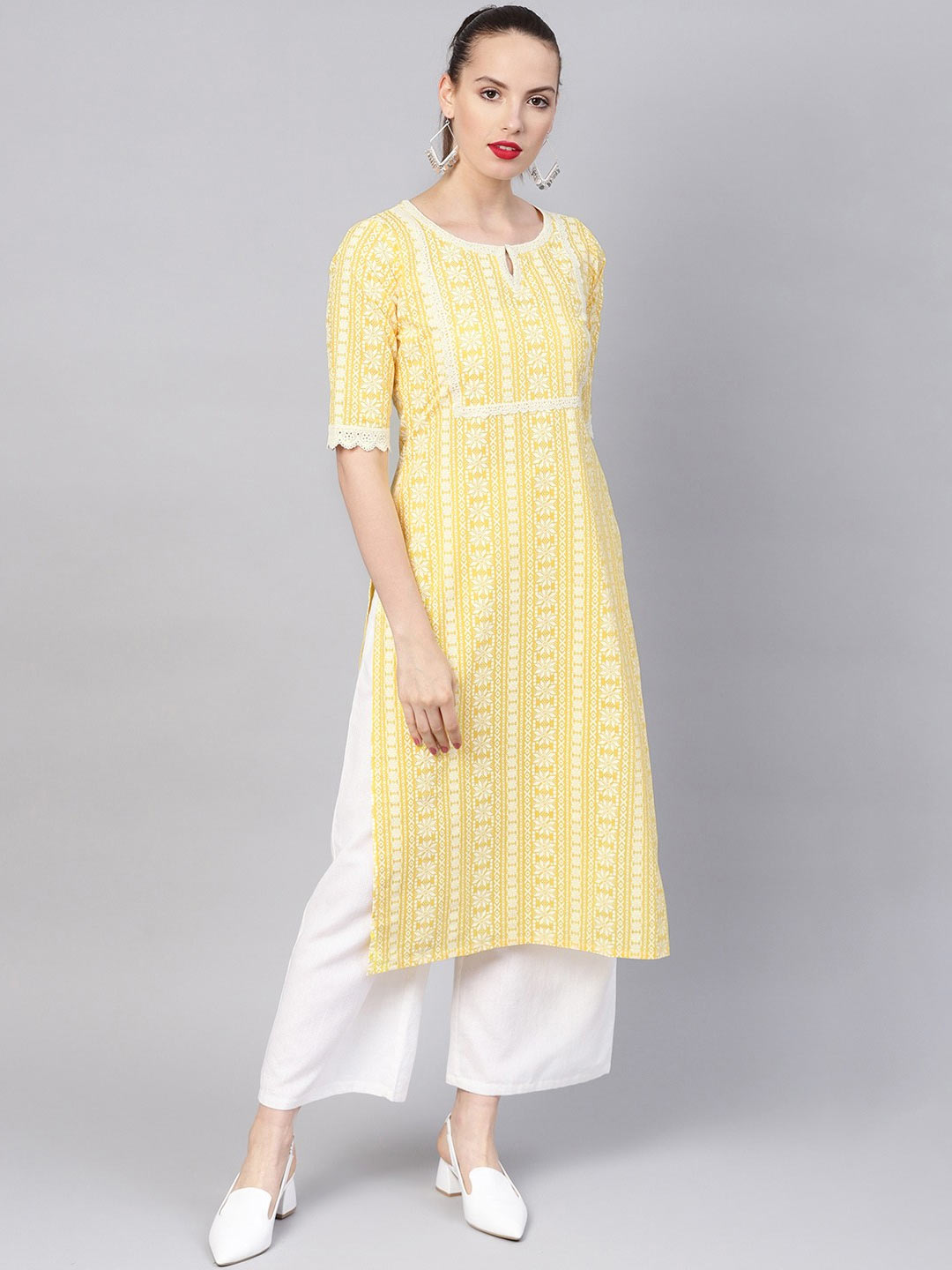 White Block Printed Cotton Punjabi Yellow Suit Design With Lace Inserts