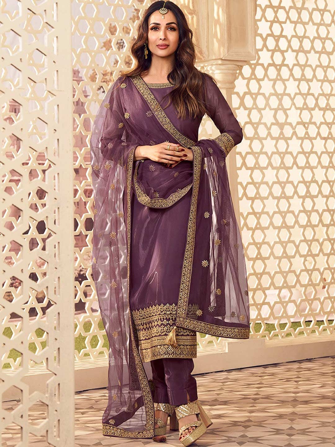Mauve Embroidered Zari Suit