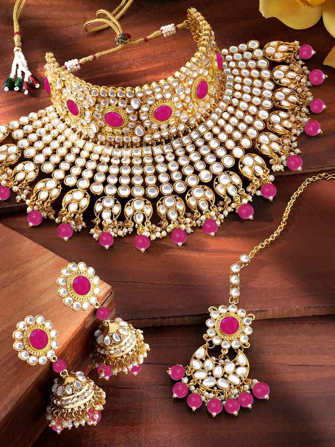 Rani Pink Gold Plated Kundan Embellished Jewellery Set