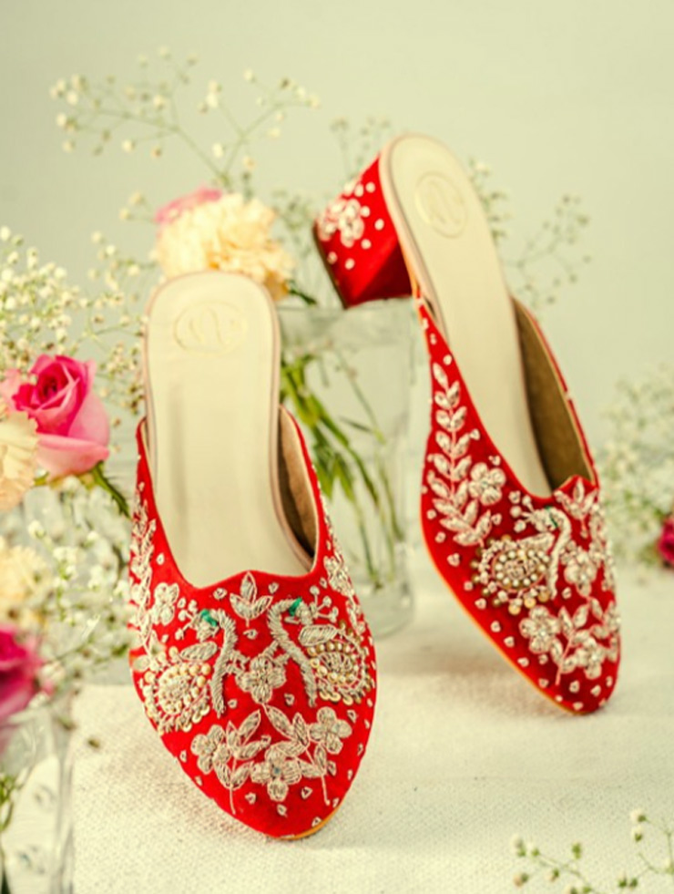 Red Velvet Silver Embellished Closed Toe Mules With Block Heels