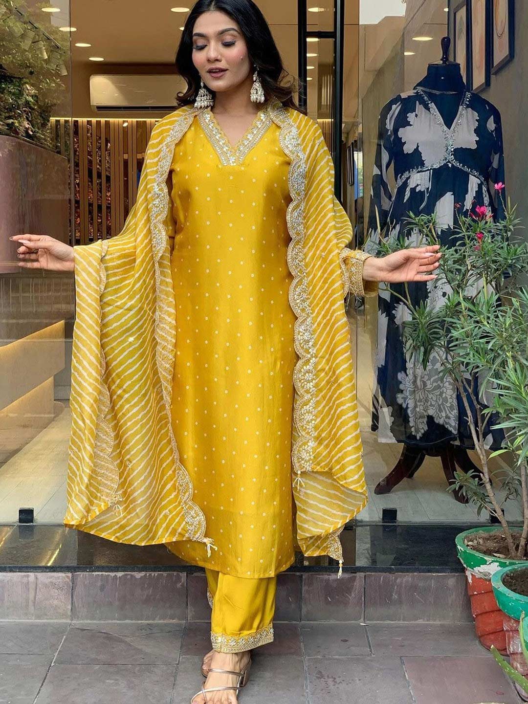 Yellow Bandhani Embroidered Suit