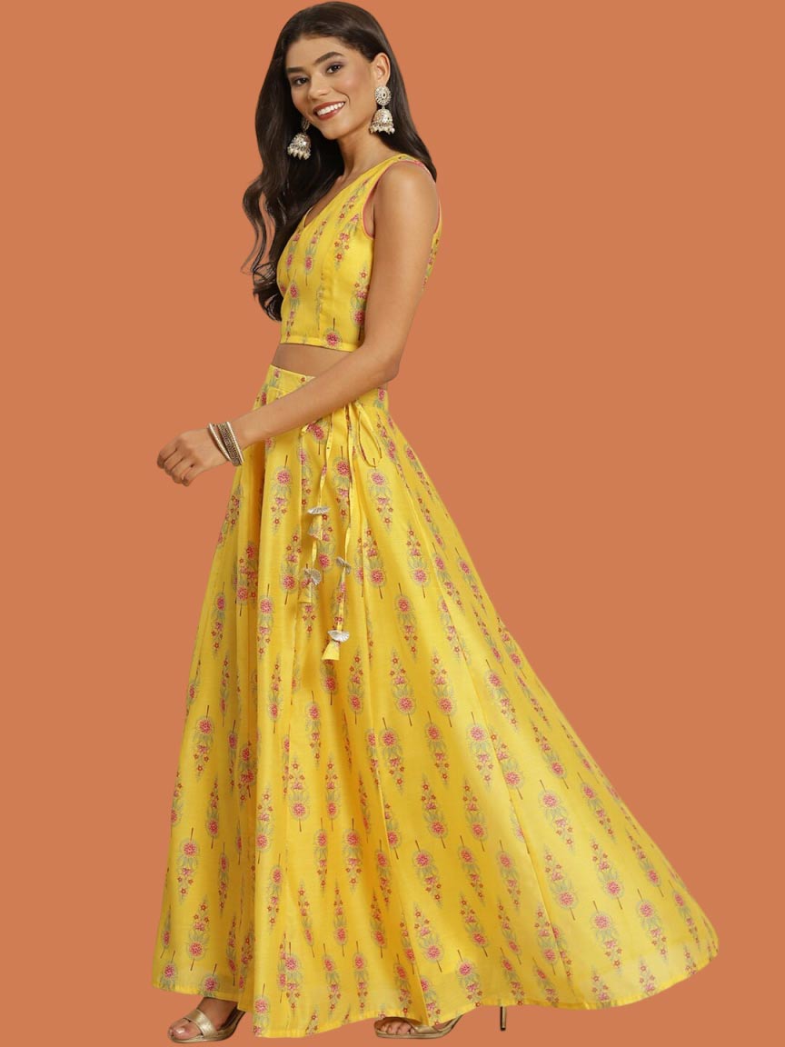 Yellow Chanderi Printed Pastel Lehenga Design