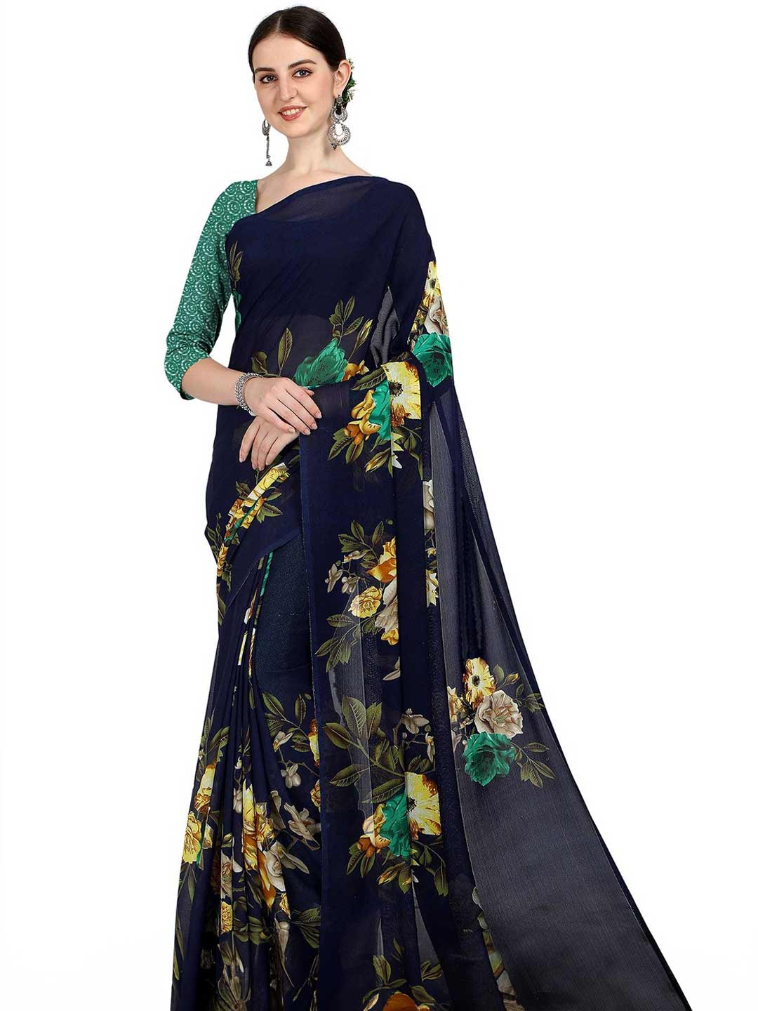 Blue Floral Saree With Green Contrast Blouse