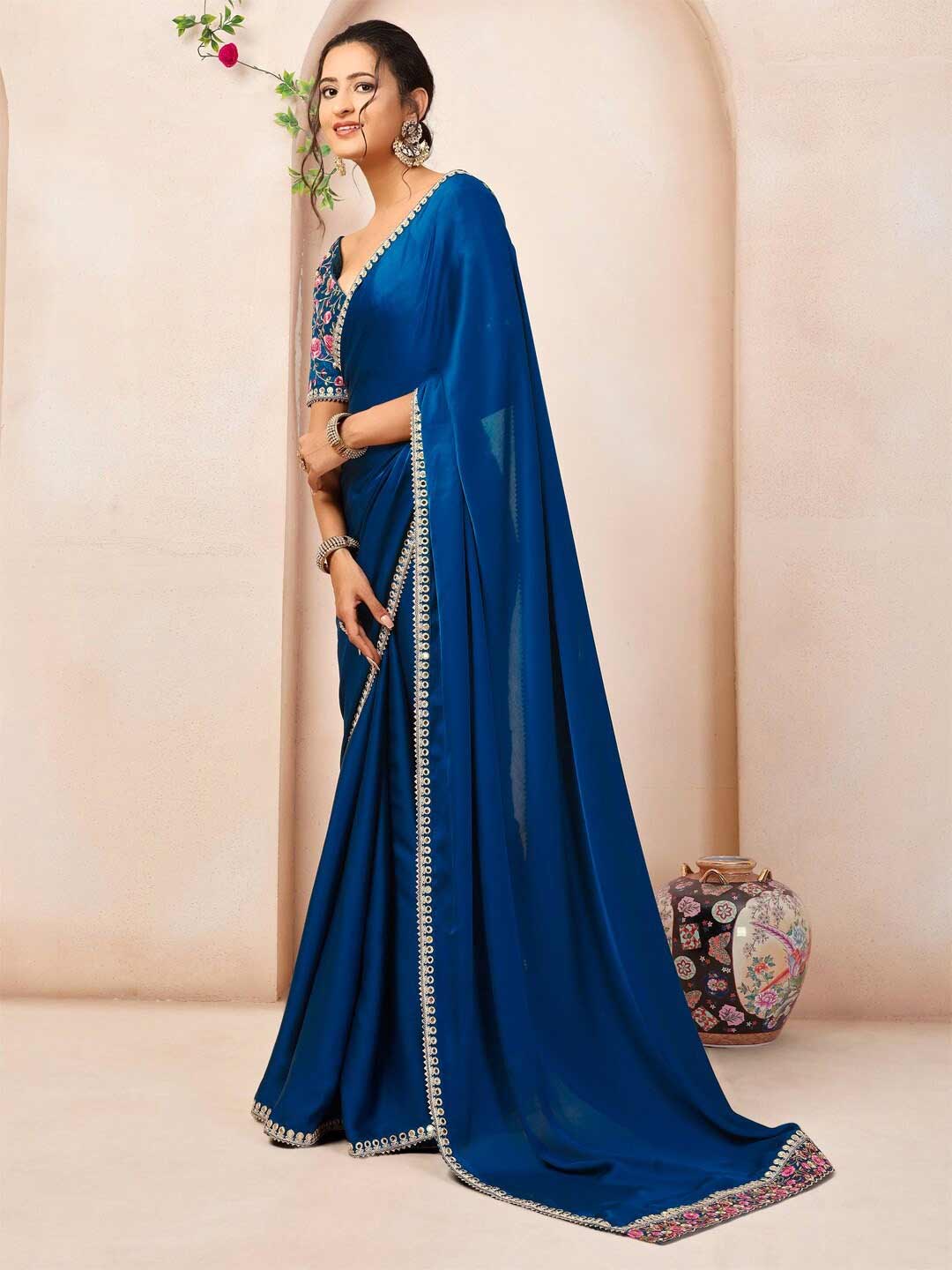 Blue Plain Saree With Floral Contrast Blouse