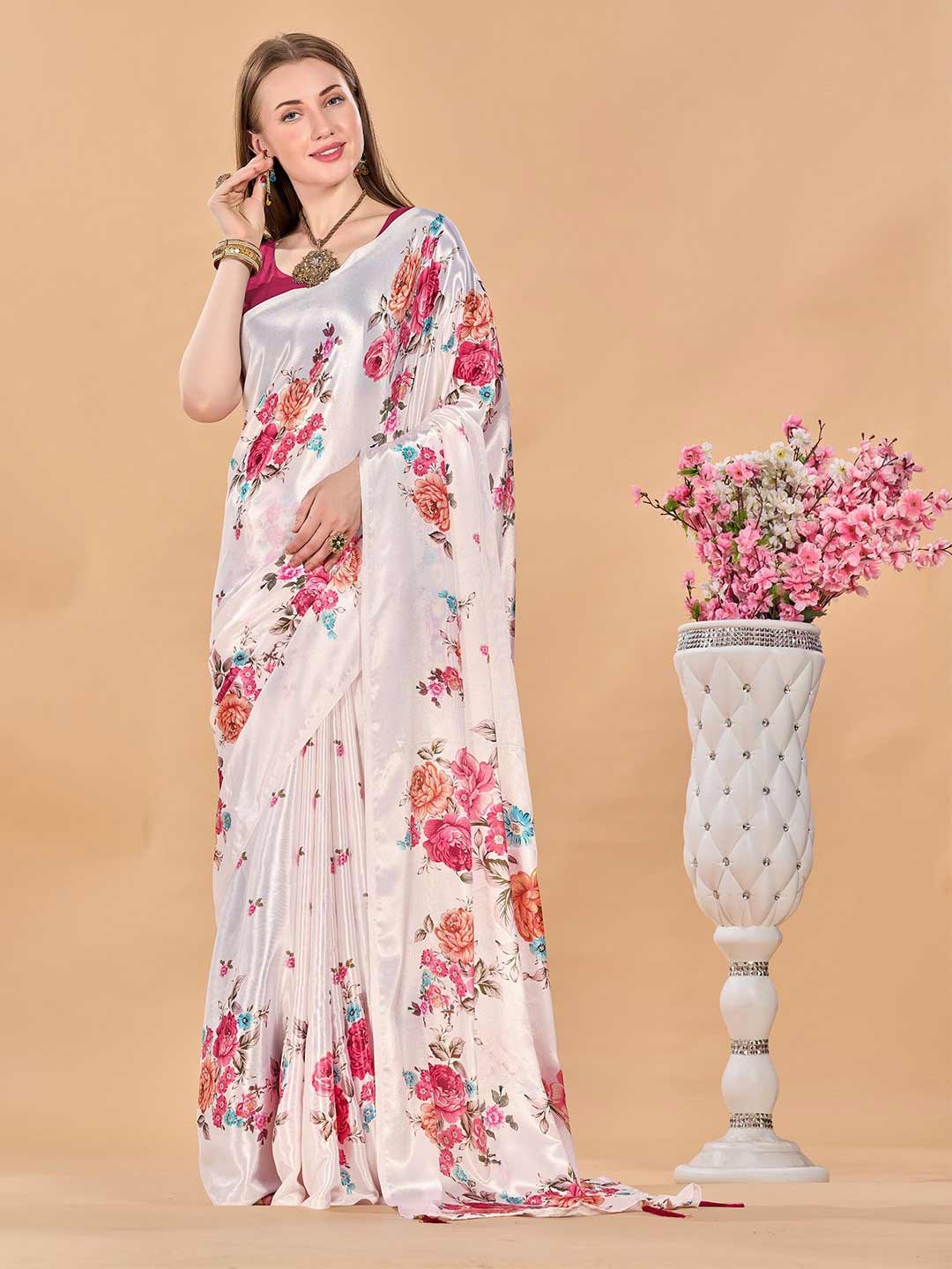 Off-White And Pink Silk Floral Saree With Pink Contrast Blouse