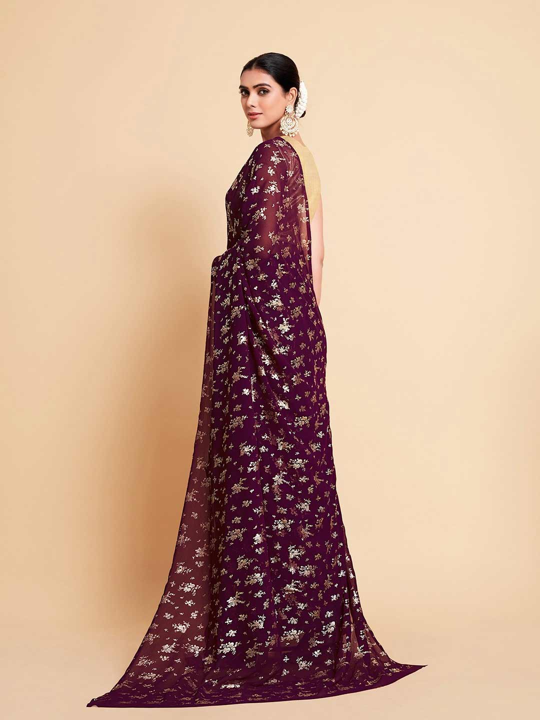 Purple Floral Saree With Cream Contrast Blouse