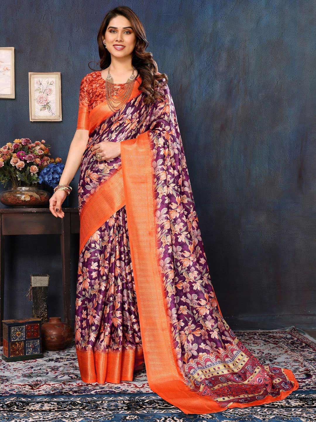 Purple Floral Saree With Orange Contrast Blouse