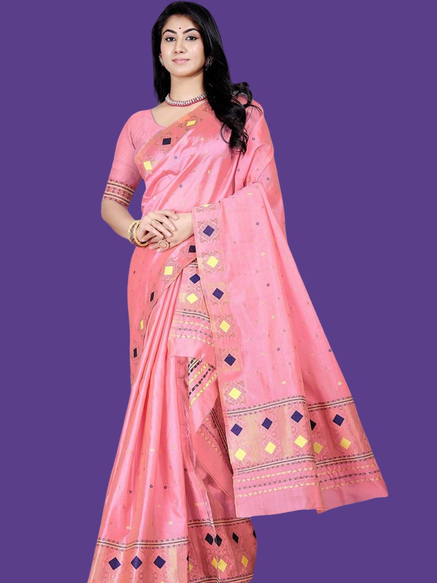 Baby Pink Assamese Muga Silk Saree Design