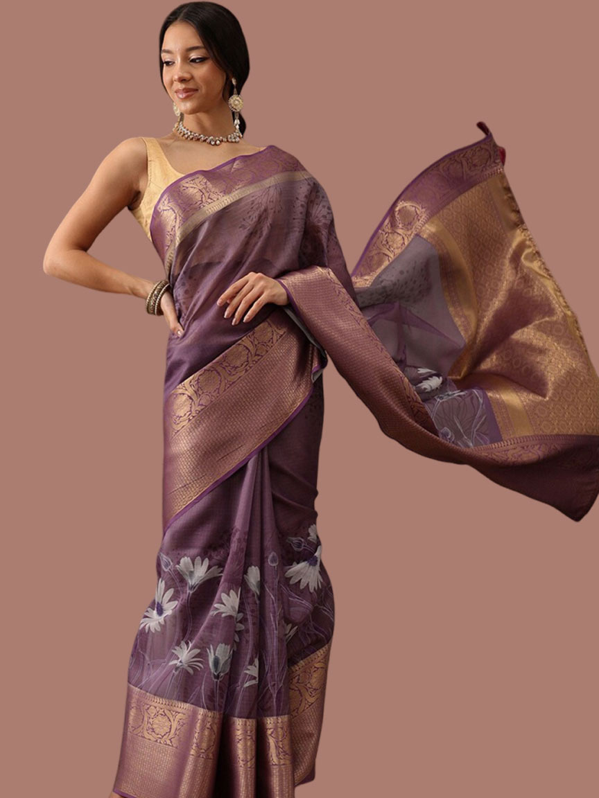 Lavender Zari Muga Silk Saree Design