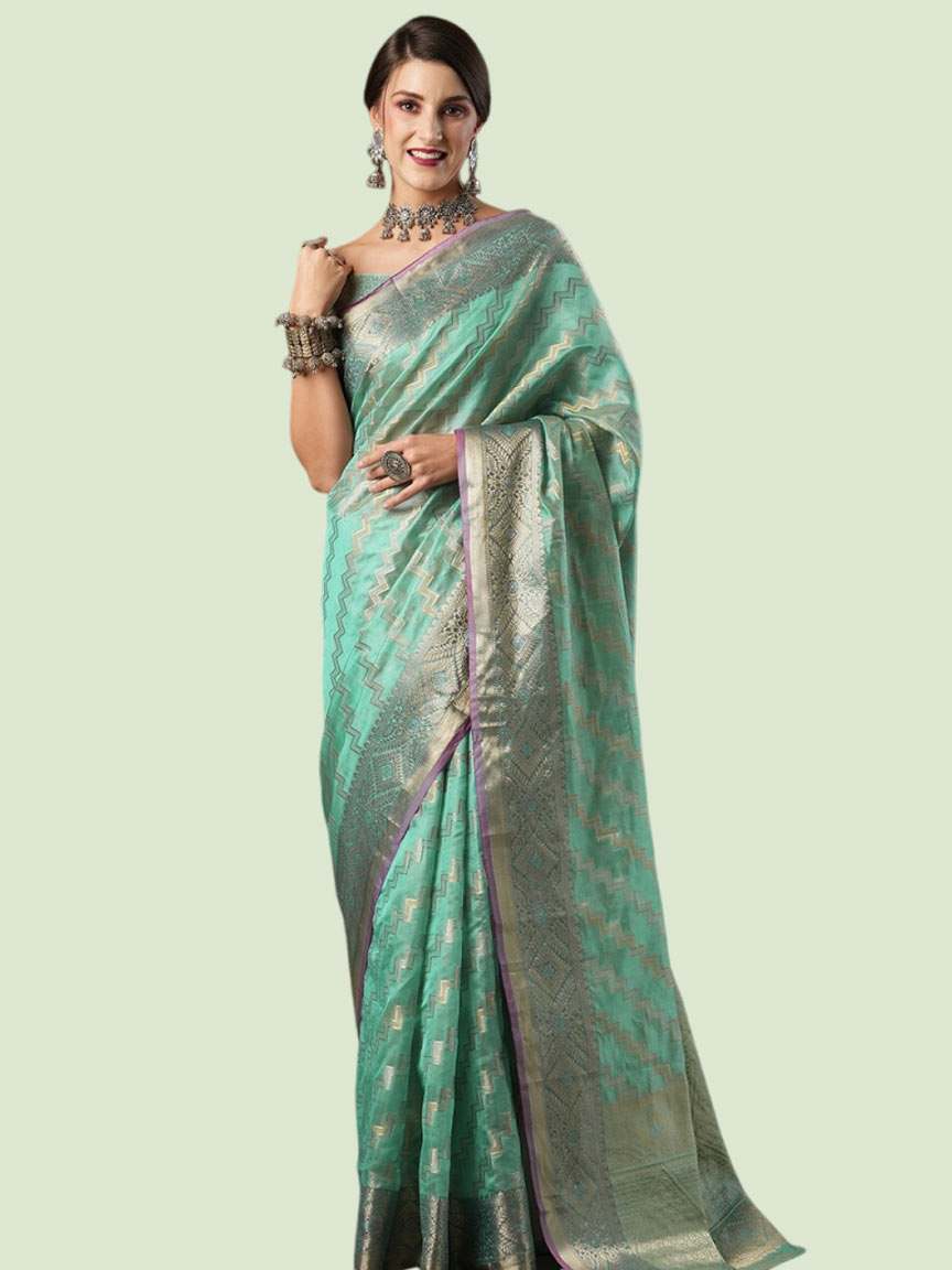 Sea Green And Gold Muga Silk Saree Design
