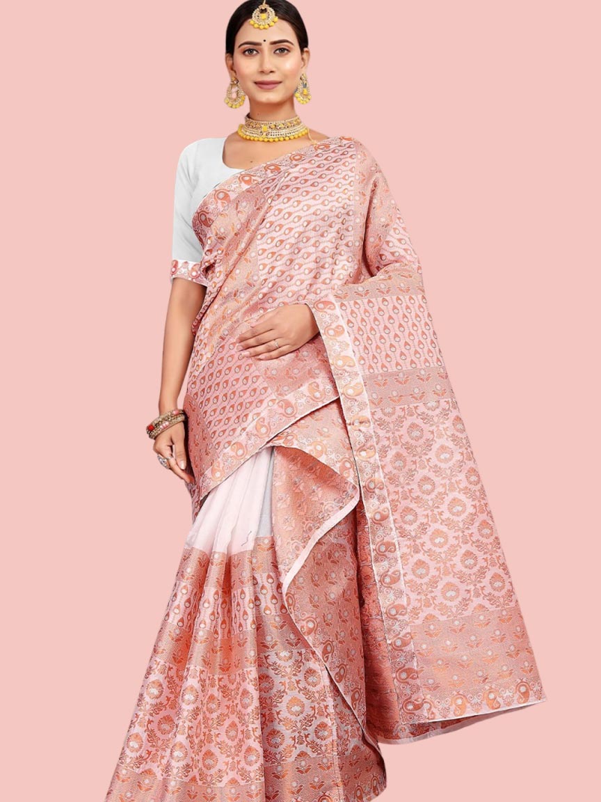 White And Pink Assamese Mekhela Sador Muga Silk Saree Design