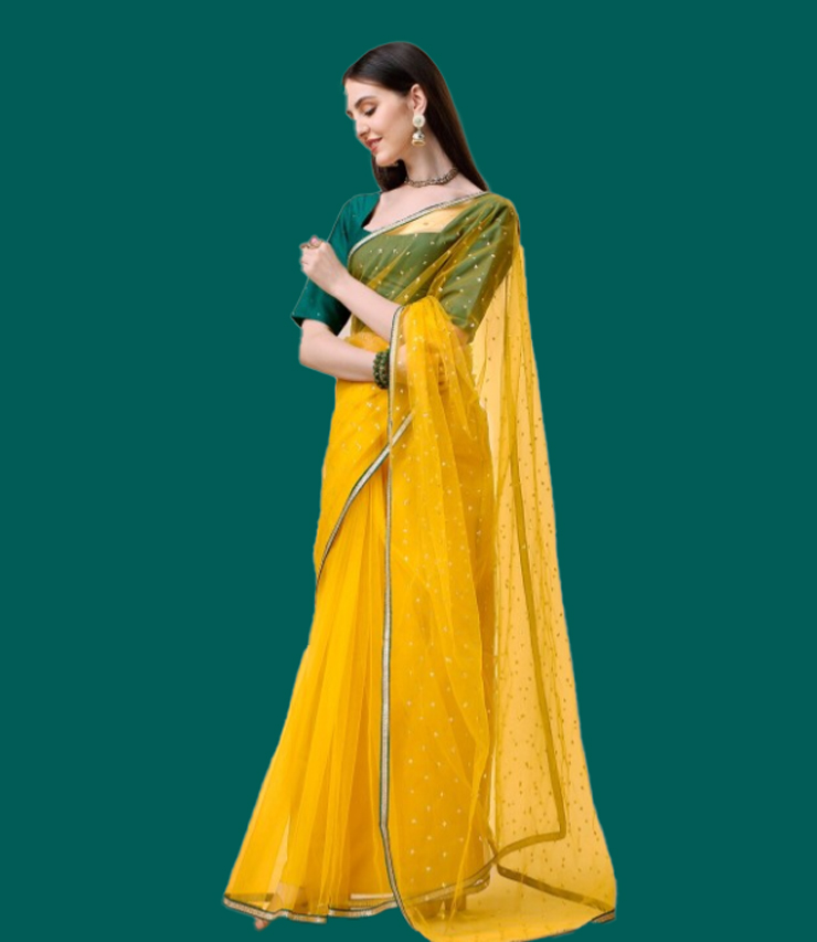 Green Contrast Blouse With Yellow Net Saree