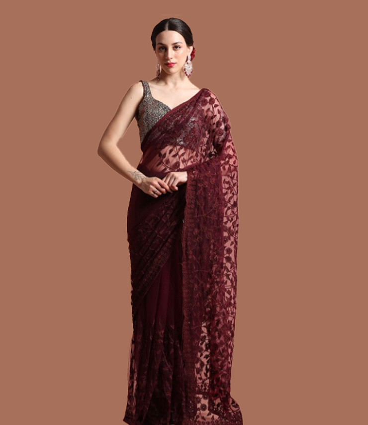 Sequin Silver Contrast Blouse With Maroon Net Saree