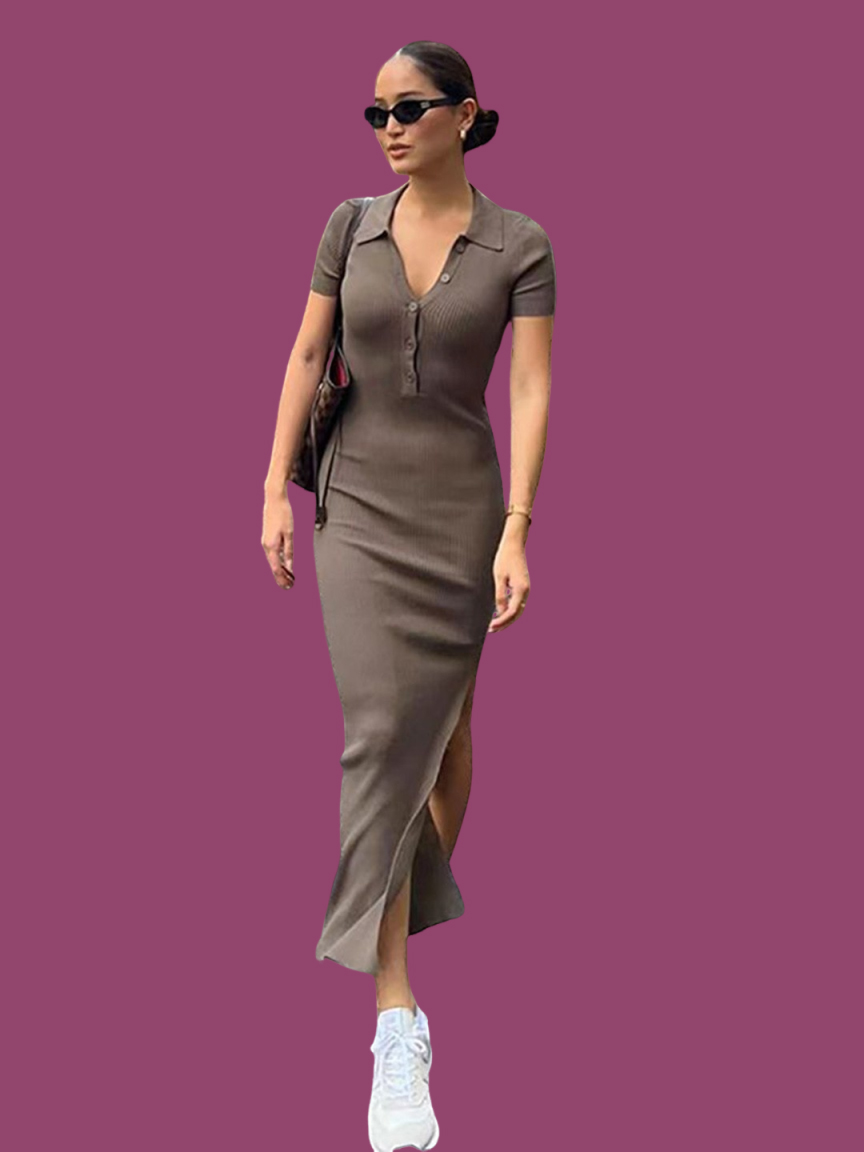 Brown Collar Buttoned Bodycon Dress With Side Slit