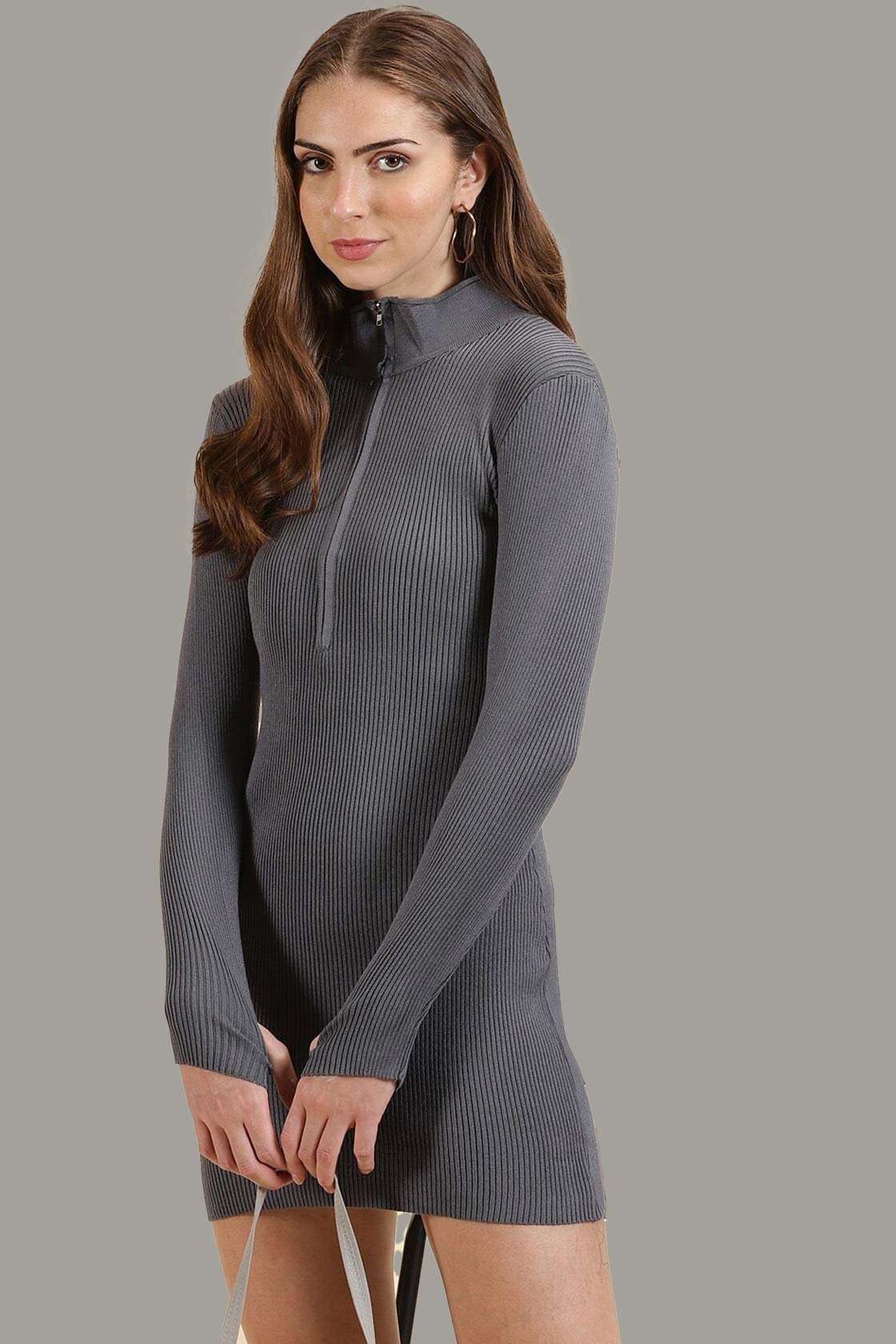 High Neck Zipper Neck Grey Cotton Short Bodycon Dress