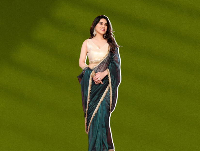 Dark Green Organza Saree With Golden Contrast Blouse