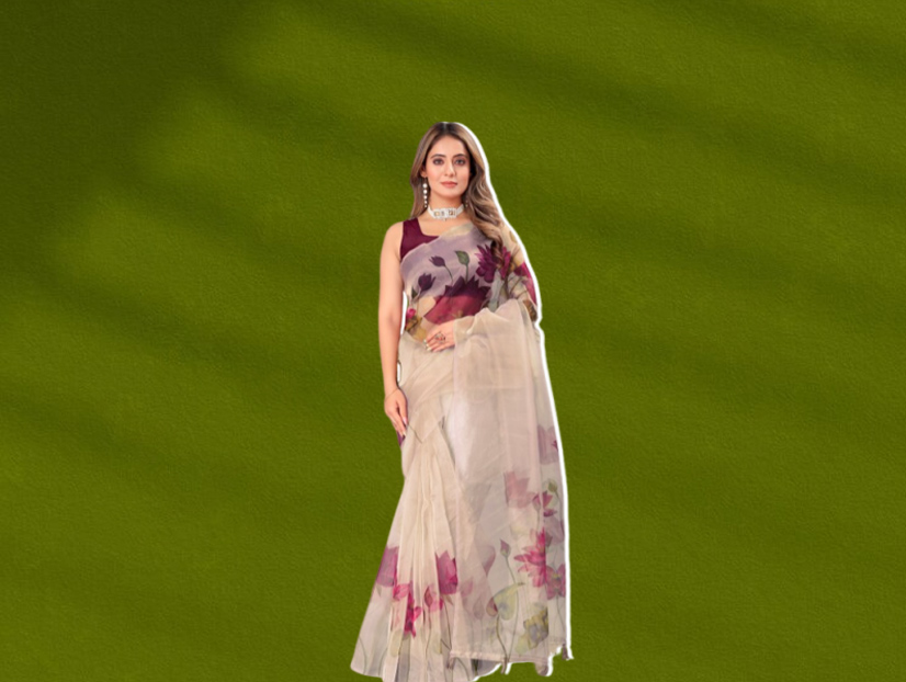 Floral Printed White Organza Saree With Maroon Contrast Blouse