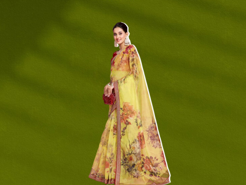 Floral Printed Yellow Organza Saree With Red Contrast Blouse