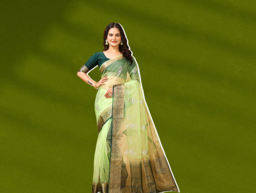 Lime Green Organza Saree With Dark Green Contrast Blouse