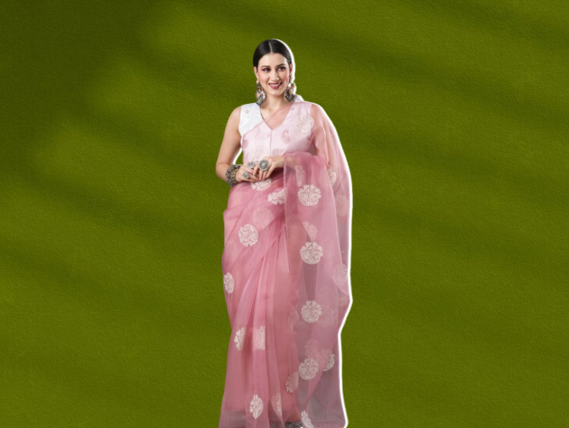 Pink Organza Saree With White Contrast Blouse