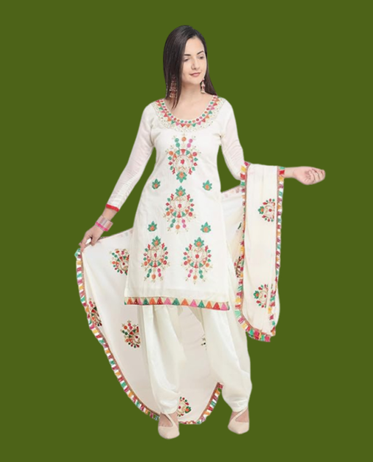 White Embroidered Chanderi Tricolour Suit