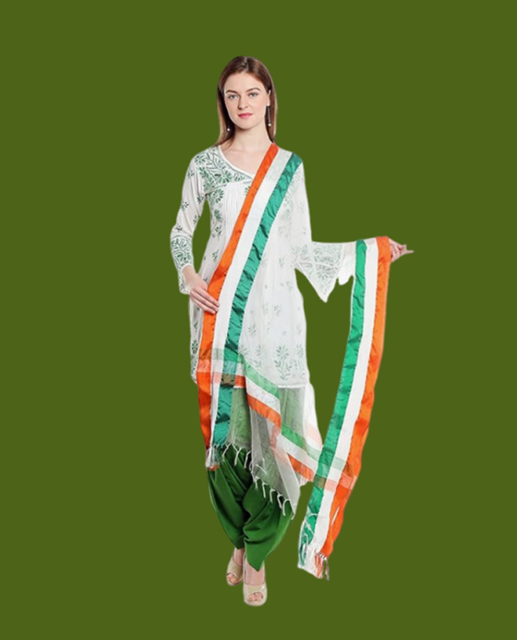 White Suit With Green Patiala Pants And Tricolour Dupatta