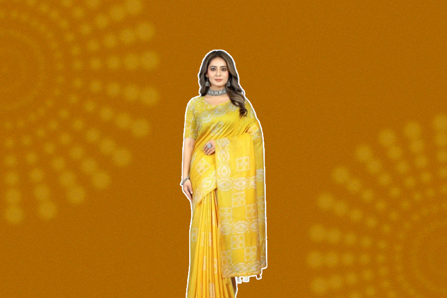 White And Yellow Cotton Saree With Batik Print