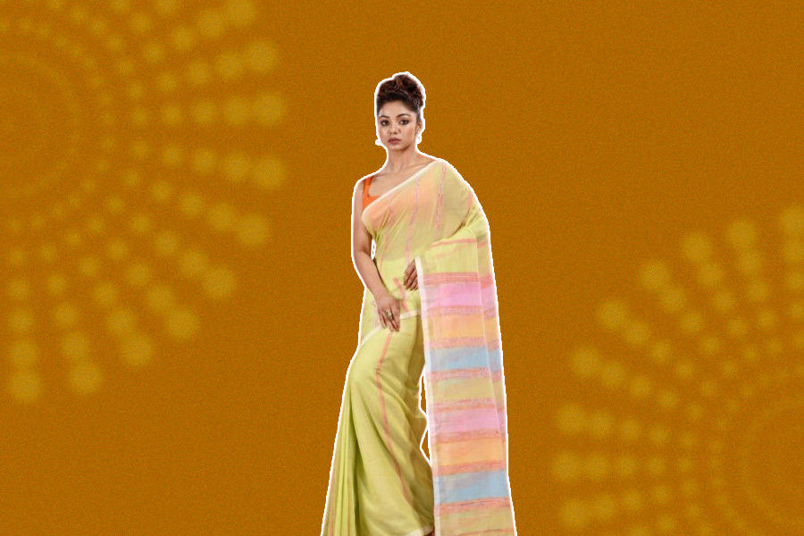 Yellow Cotton Saree With Pink And Blue Striped Border