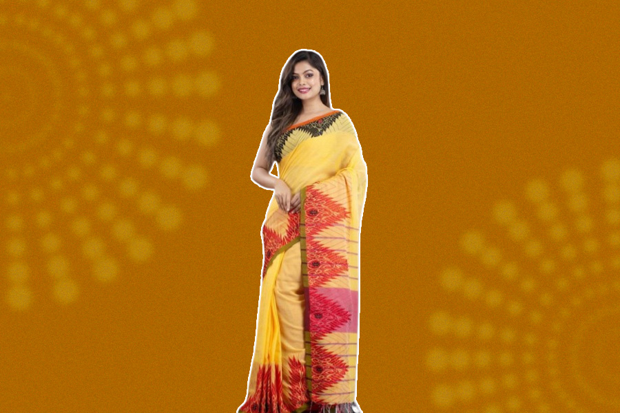 Yellow Pure Cotton Saree With Red And Black Border