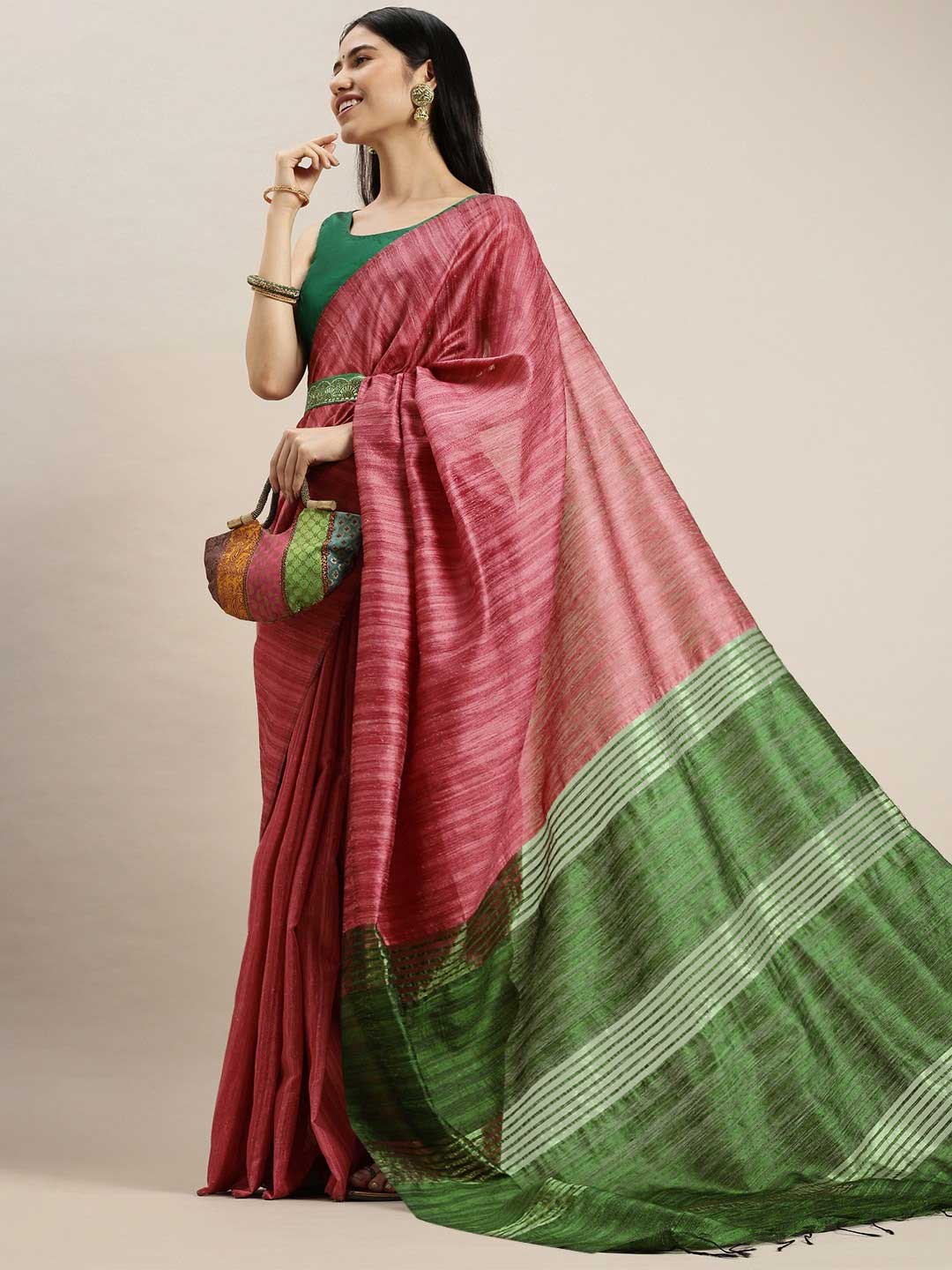 Bhagalpuri Pink Saree With Dark Green Blouse