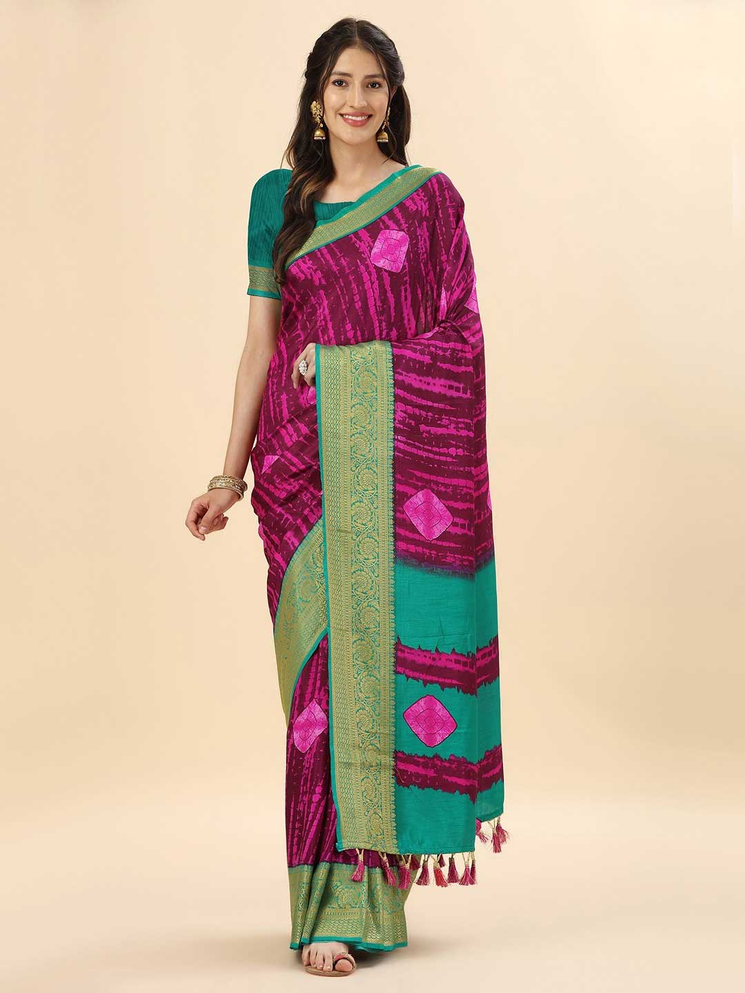 Pure Silk Banarasi Magenta Pink Saree With Green Blouse