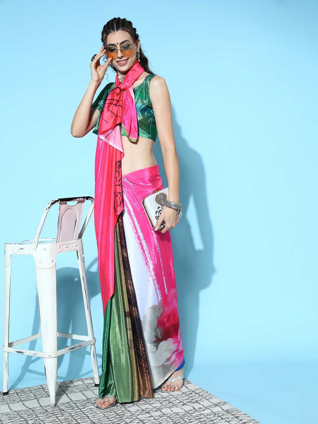 Satin Pink Saree With Green Blouse With Butterfly Sleeves