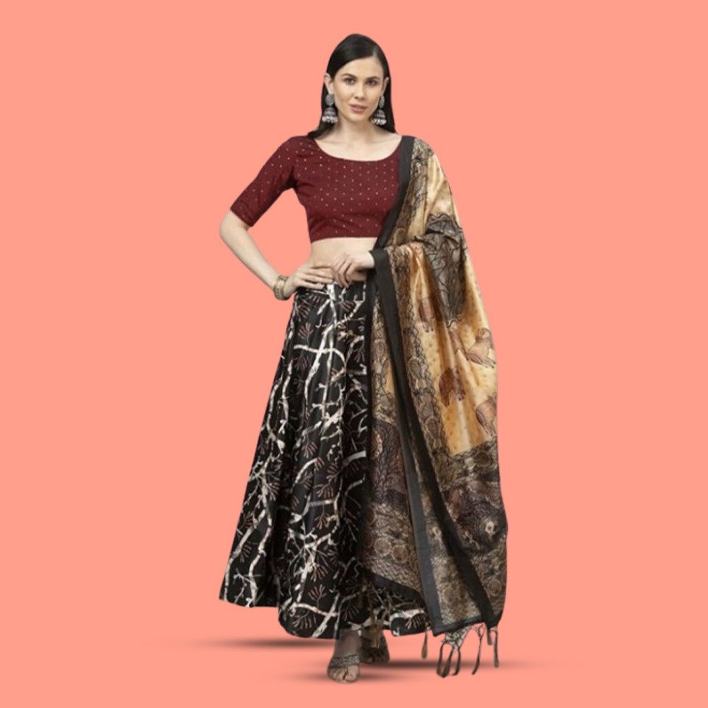 Black And Cream-Coloured Printed Lehenga