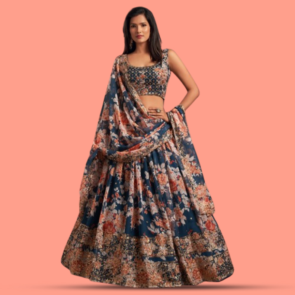 Blue And Peach-Coloured Embroidered Sequinne Lehenga