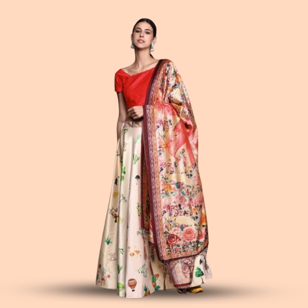 Cream-Coloured And Red Printed Block Print Lehenga