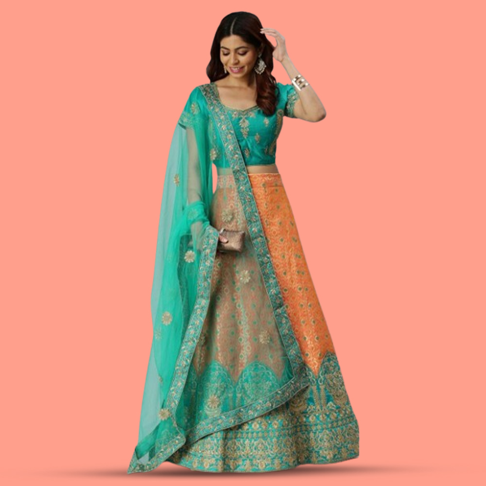 Peach-Coloured And Green Embroidered Lehenga