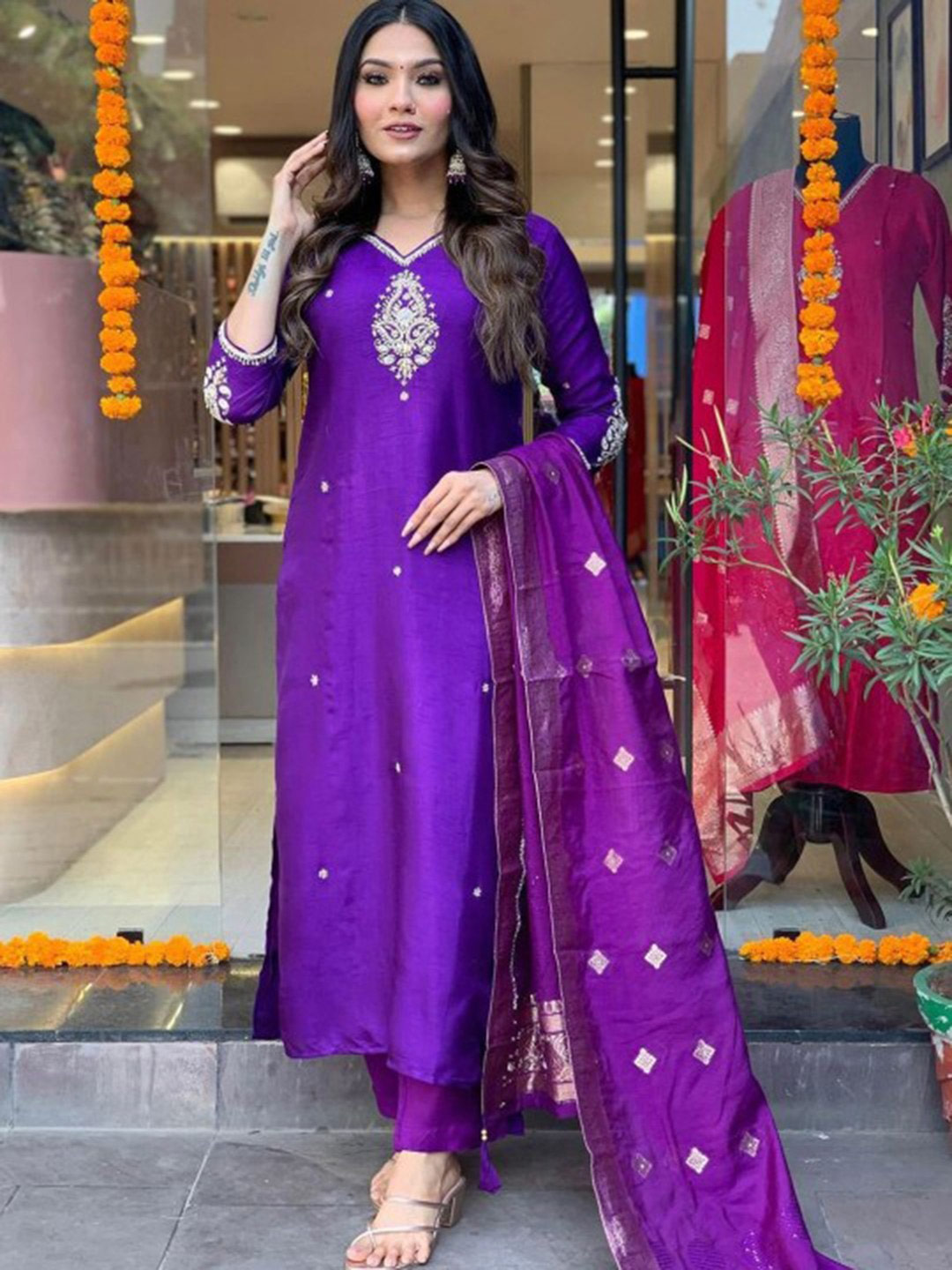 Floral Embroidered Purple Suit Design
