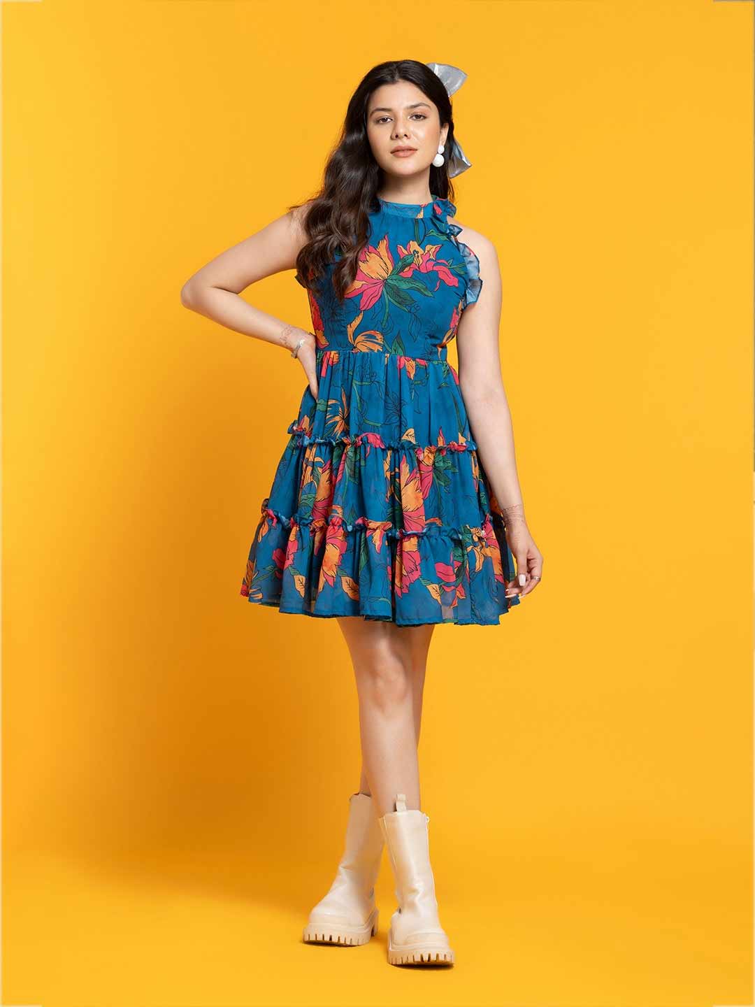 Halter Neck Frill Blue Floral Dress
